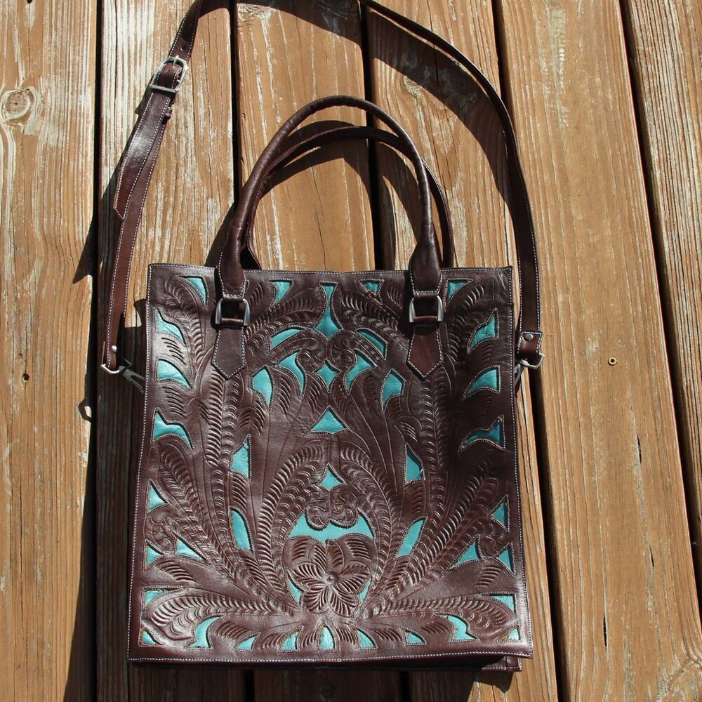 JL Saldivar Cutout Tooled Leather Large Purse Tote Bag, Dark Brown & Turquoise